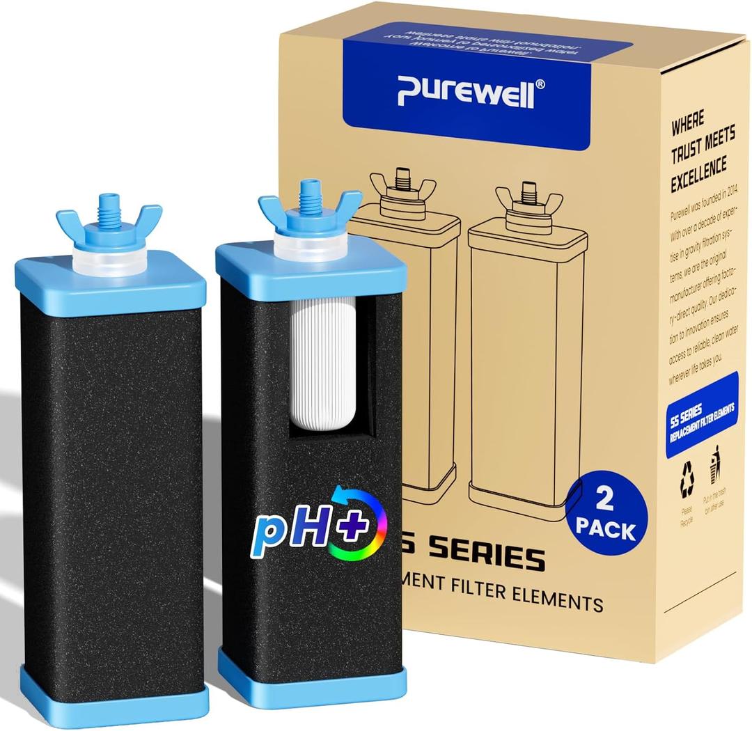 Purewell 5-Stage Composite Carbon Filter for Alkaline & PFAS Reduction, 2X Thickened Walls, Up to 20,000 Gallons, Compatible with Berkey, ProOne & Purewell Gravity Systems (2 Pack, SS Series, PF-6-PH)