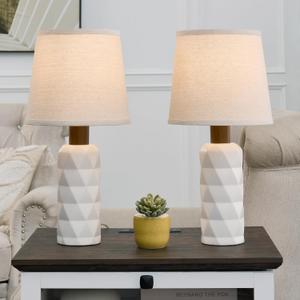 White Ceramic Table Lamp 3 Way Dimmable Bedside Pottery Lamp Set of 2 with Pallid Shade 20 Modern Nightstand Desk Lamp for Living Room Bedroom Farmhouse Dining Room(JC-11-2PK-WHS)