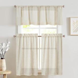 Jinchan Beige Linen Kitchen Curtains and Valance Set Tier Curtains 24 Inch Length for Cafe Living Room Bedroom Bathroom Farmhouse Rustic Country Small Drapes 3 Piece Set Rod Pocket Crude (26"W x 24"L (Pack of 3))