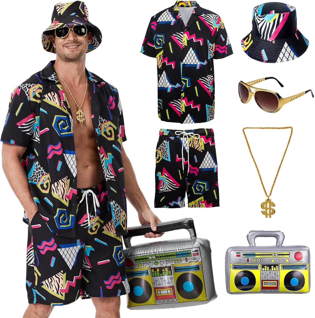 80s 90s Outfit for Men, Hawaiian Vintage Shirt &Shorts Set, Hip-Hop Costume for Halloween Disco Retro Theme Party (3X-Large, Black)