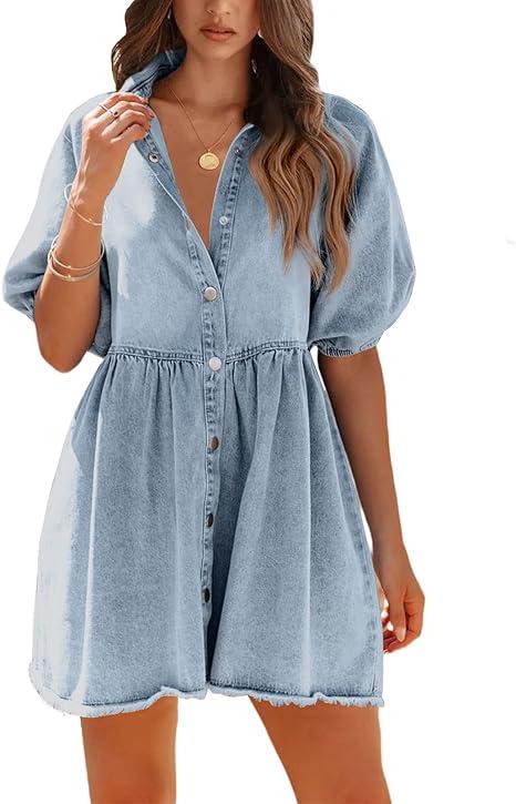 Pepochic Womens Summer Denim Dress Button Down Short Sleeve Babydoll Dress Puff Sleeve Flowy Jean Dress, Size: XL