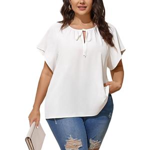 SHESTARR Plus Size Blouses for Women V Neck Short Sleeve Summer Tops Drawstring Blouse Loose Casual Flowy Shirts (White, XL)