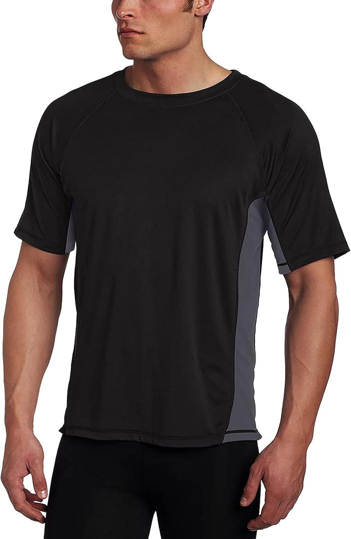 Kanu Surf Men's Short Sleeve UPF 50 Swim Shirt Rash Guard Sun Shirt  (Large, Black/Charcoal)