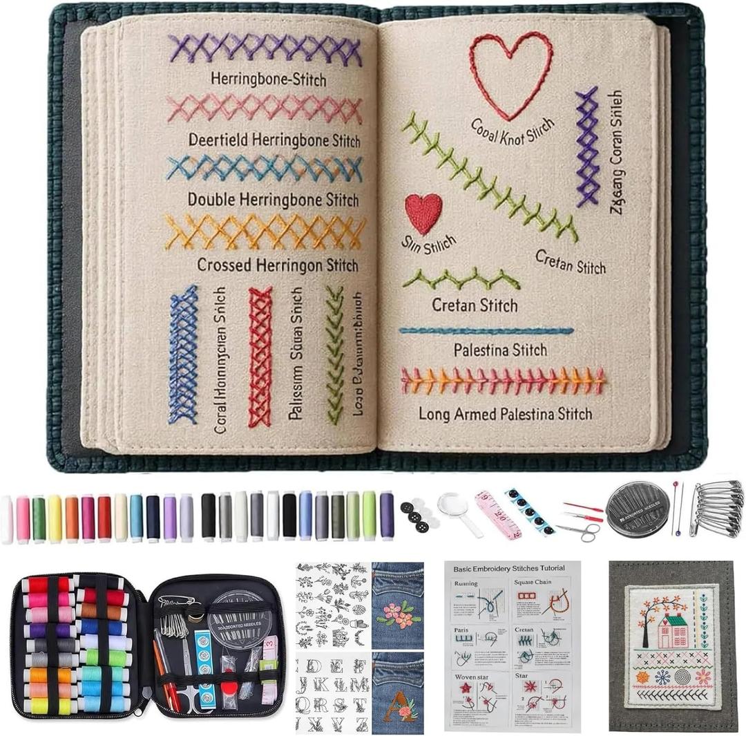 2026 Upgraded Embroidery Stitch Book & Complete Kit for Beginners | Includes Embroidery Hoop,86 Tools,65 Water-Soluble Patterns & 106 Stitches With Guides, Portable Craft Set for Adults & DIY Lovers