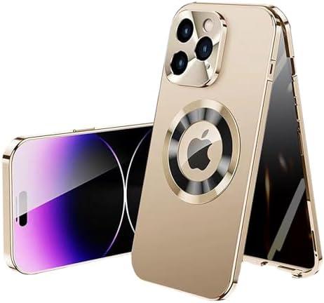 Metal Frame Anti-Spy Magnetic Phone Case for iPhone 12/13/14/15/16/17 Promax Double-Sided Glass Full Coverage Hard Case (Desert Gold,for iPhone15promax)