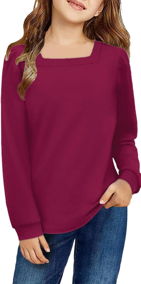 Arshiner Girls Shirt Casual Square Neck Long Sleeve Shirts Fall Winter Tunic Tops For Girls 5-12 Years (10-11 Years, Maroon)