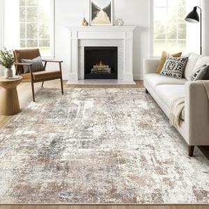 10x12 Area Rug Living Room: Washable Large Abstract Modern Soft Rugs Stain Resistant Indoor Floor Non Slip Accent Carpet for Bedroom Nursery Playroom Office Dining Room Dorm Home House- Brown