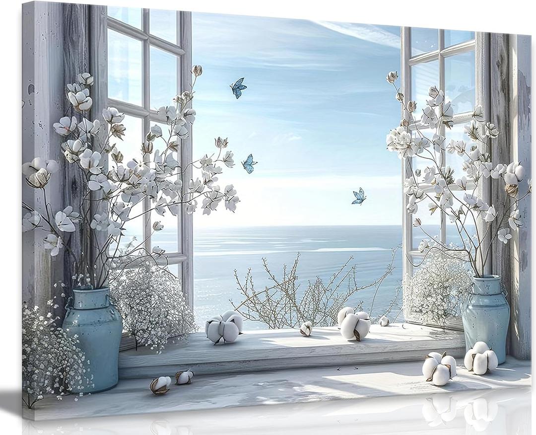 Coastal Flower Bathroom Canvas Wall Art Farmhouse Cotton Bouquet and Butterfly Bathroom on Window Wall Decor Rustic Blue Beach Butterfly Poster Print for Living Room Bedroom Restroom Home Decoration (16L" x 12W")