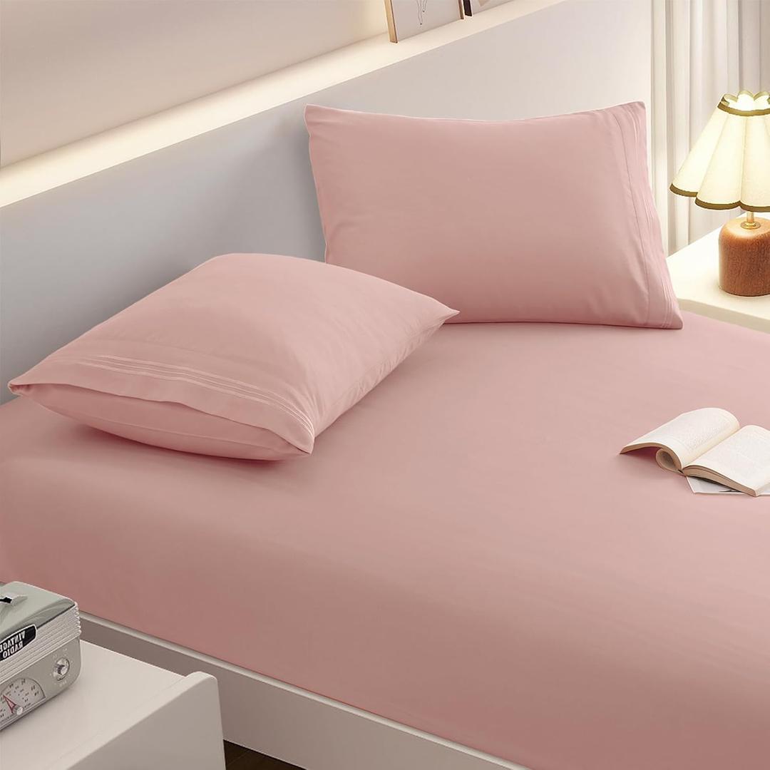 Queen Fitted Sheet with 2 Pillowcase Soft Microfiber Sheet Set 16" Deep Pocket Bed Sheets, Wrinkle Free and Easy Care Bottom Sheet for Queen Size Bed, Pink