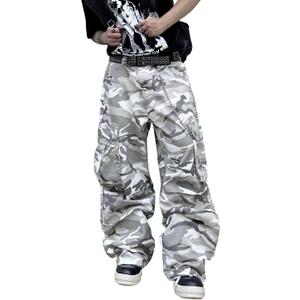Baggy Denim Cargo Pants for Men with Pockets Mid Weight Wide Leg Hip Hop Skater Jeans Streetwear (Large, E20 Camo)