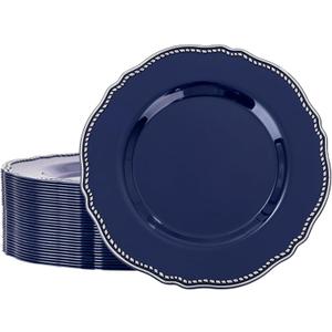 Hioasis 60pcs Blue plastic plates - Blue and Silver Disposable Plates, 10.25 inch Plastic Dinner Plates, Perfect for Wedding & Party & Holiday & Father's Day