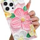 KERZZIL Elegent Girly 3D Flower Compatible with iPhone 15 Pro Rectangle Edge Case, Cute Floral Pattern Slim Soft TPU Protective Bumper Cases Cover(Pink,15 Pro)