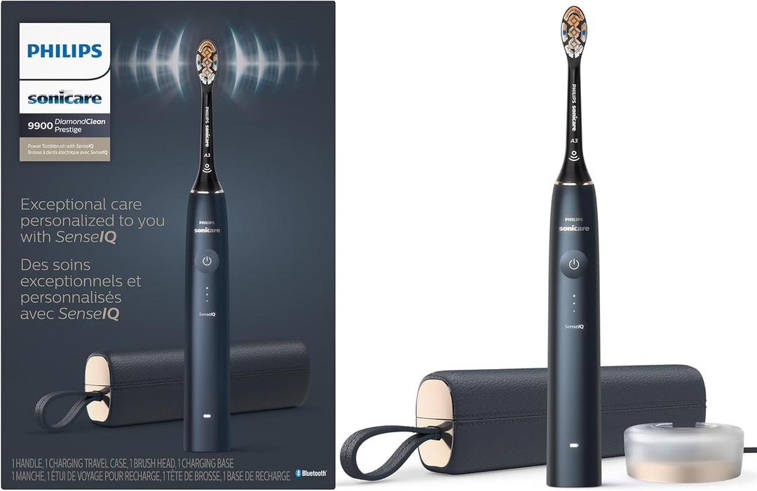 Philips Sonicare DiamondClean 9900 Prestige Electric Toothbrush - with SenseIQ Technology and Advanced AI App, 5 Brushing Modes, 3 Intensity Levels, Charging Travel Case,Midnight Blue, Model HX9990/12