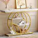 Huuger 47.2 Inch Entryway Table with Marble Top, Modern Console Sofa Table, Accent Table with Shelves, for Entry, Hallway, Entrance, Foyer, O-Shaped Metal Frame, White Marble & Gold