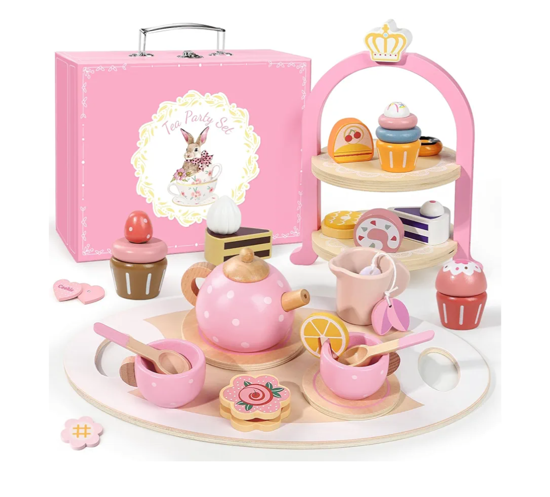 Wooden Tea Party Set for Little Girls, Toddler Girl Gifts Princess Tea Time Toys, Wooden Tea Set Tray Cake Dessert, Kids Kitchen Pretend Play, Birthday for Girls Age 2-5 Years Old, A. Pink Polka Tea