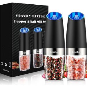 XinXu Gravity Electric Pepper and Salt Grinder Set, Adjustable Coarseness, with LED Light, One Hand Automatic Operation (Set/Black X) (2.5*2.5*7.9inch)