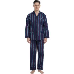 GLOBAL Men's 100% Cotton Flannel Pajamas Set Soft Warm 2pc Pjs For Men Button Fly&Elastic High Waist Loungewear Sleepwear (3X-Large, Blue and Red Stripes)