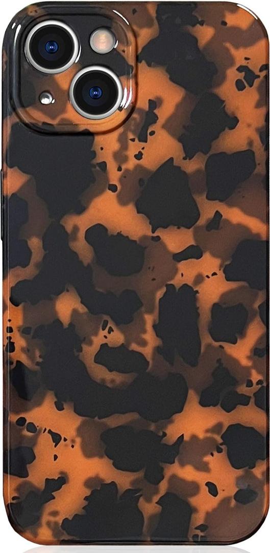 Abbery for iPhone 15 Case Tortoise Shell Cheetah Leopard Print Cute Trendy Animal Pattern Design Flexible Soft TPU Protective Women Girls Grily Brown Shockproof Phone Cover