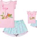Flamingo Pajama Sets Matching 18-inch Dolls&Girls Pjs Pink Night Shirts Mint Ruffle Sleeves Size 8-9