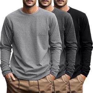 Ficerd 3 Pack Men's Big and Tall Shirts Long Sleeve Cotton Tee Crew Neck Oversize Tops Casual Loose Fit Knitted T Shirts (XX-Large, Black, Dark Gray, Light Gray)