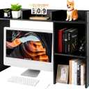 GRETJOB Desktop Hutch Bookshelf, Wooden Desk Storage Hutch with 5 Shelves for Computer Desk, Desktop Shelf for Top of Desk, Desktop Bookshelf for Dorm Office Home, 32.5 x 23.5 x 8 Inches, Black
