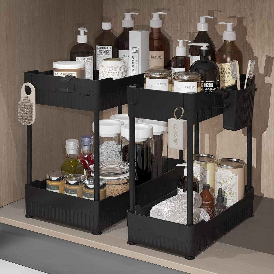 2 Pack Under Sink Organizer, Under Bathroom Cabinet Organizer with Hooks Hanging Cup, Multi-Purpose Storage Shelf for Kitchen Bathroom, Black