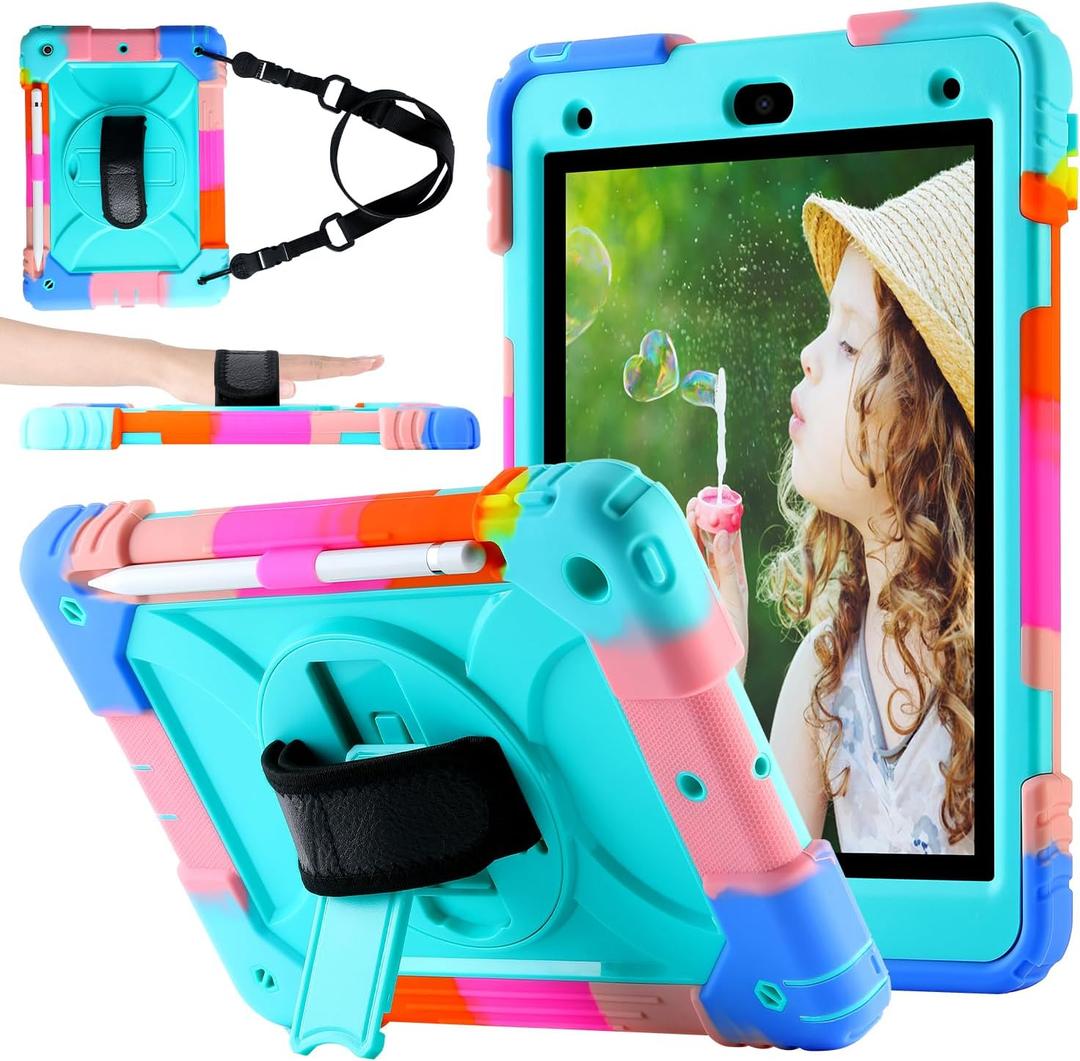 Case for iPad 9th/8th/7th Gen Case 10.2" - Shockproof, 360 Rotating Stand, Hand & Shoulder Strap, Pencil Holder (Colorful Aqua)