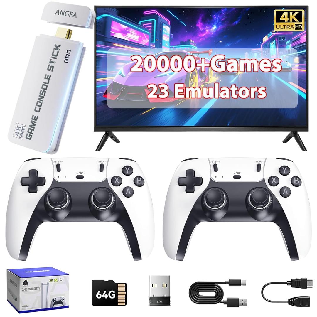 Wireless Retro Game Console Builtin 20000+ Games and 23 Emulators, 2025 New Plug & Play Retro Gaming Console with 4K Output & Dual 2.4G Controllers, Nostalgic Game Stick (62GB)