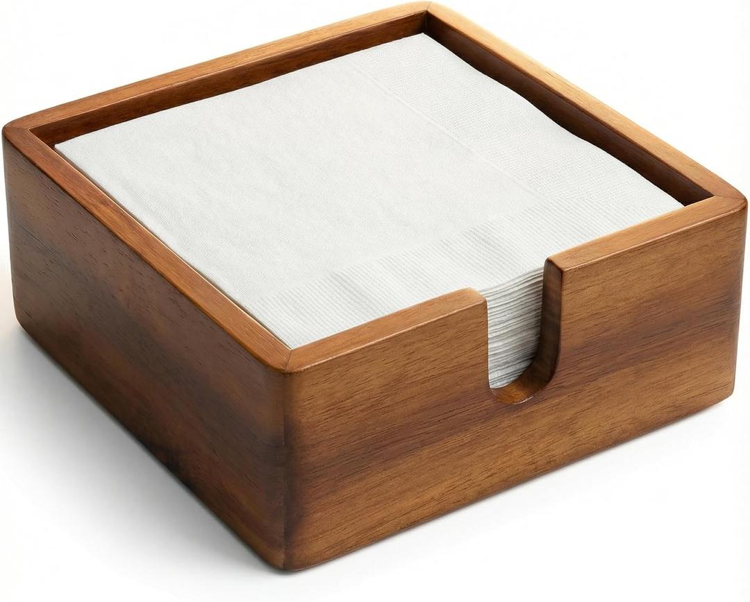 Acacia Cocktail Paper Napkin Holder Square 5.4x5.4 inches, Wood Flat Napkin Tray, Cocktail Napkin Caddy For Kitchen Dcor, Restaurant Countertop Bar Accessories