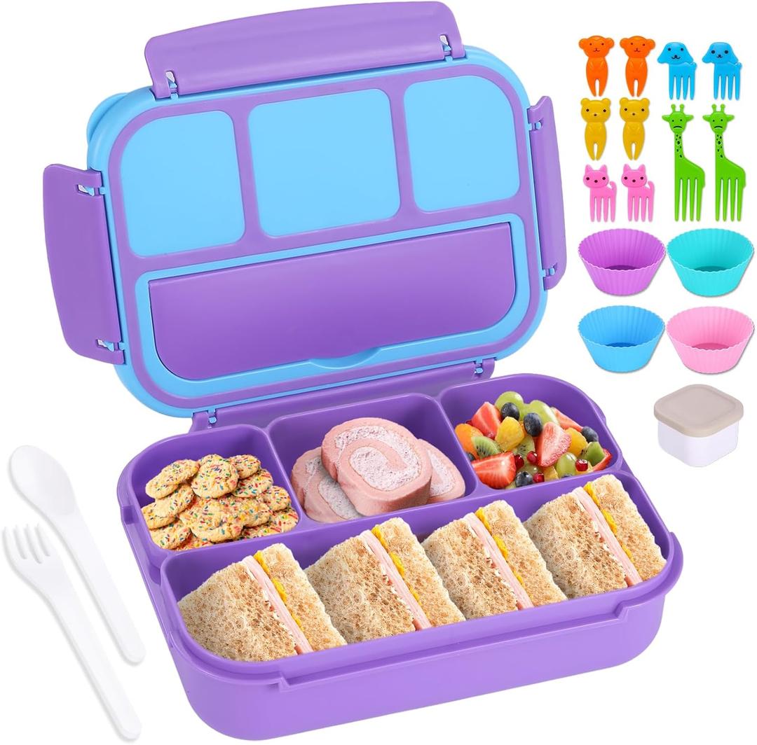 Bento Box for Kids Girls Boys, Bento Box Adult Lunch Box with 4 Compartments, Lunch Containers with Utensils, Sauce Jar, Muffin Liners for School, 40 Oz/5 Cup, Purple (1200ML)