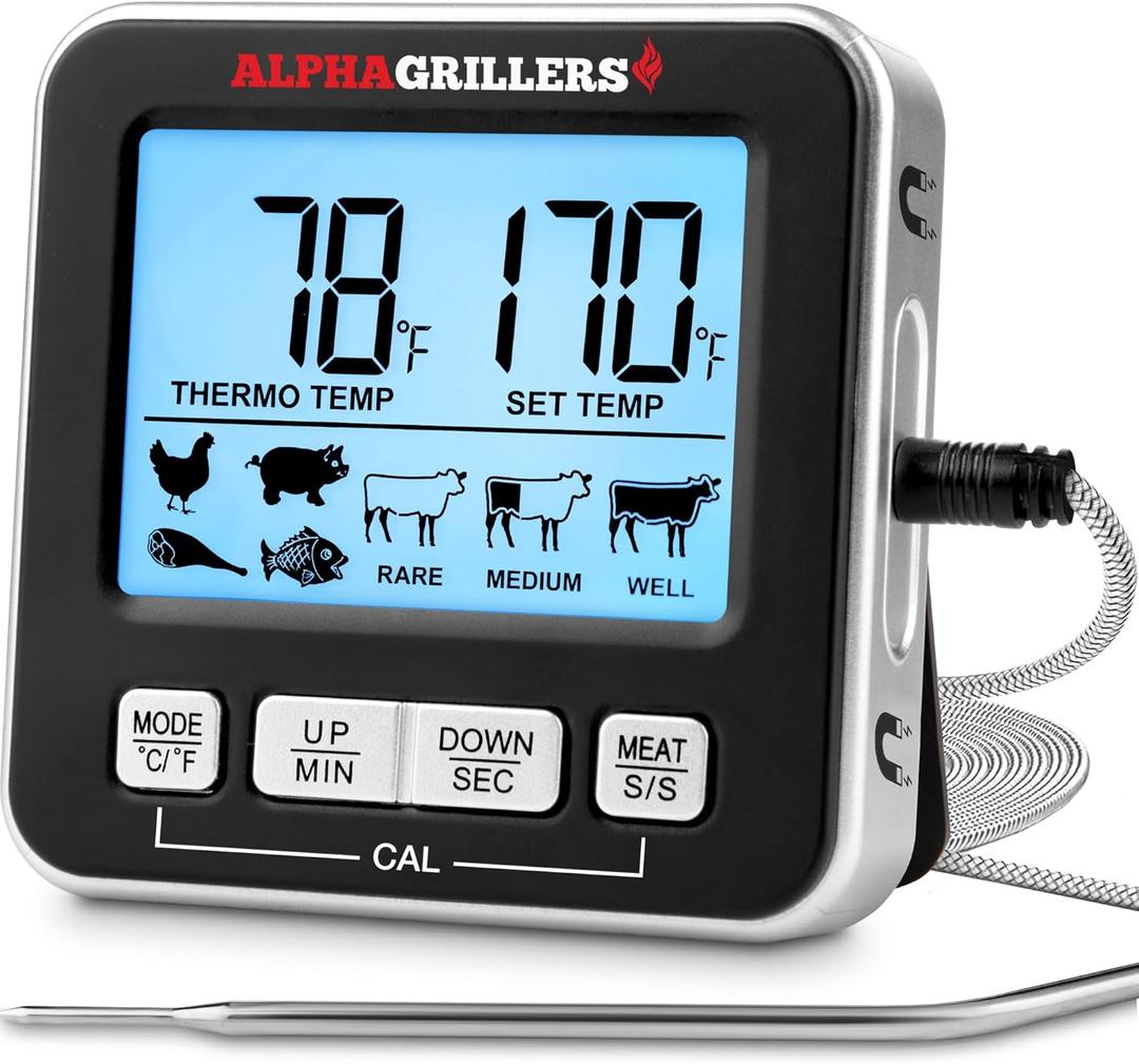 Alpha Grillers Meat Thermometer Digital - Kitchen Oven Thermometer for Cooking Food, Grilling, BBQ Smoker - 7 Preset Temperature Alerts, Timer, Alarm, & Stainless Steel Temperature Probe.