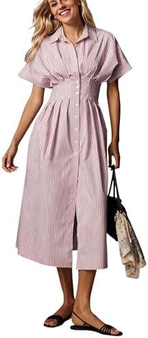 calbatic Women Striped Button Down Pleated Shirt Dress Summer Short Sleeve Ruffle A Line Swing Long Blouse Midi Long Dress, S
