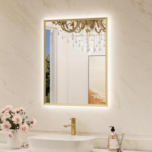 TokeShimi 24"x 30" Bathroom Mirror Backlit with Gold Frame, Dimmable Backlight LED Lighted Vanity Mirror with Shatter-Proof, Memory, 3 Colors, Anti-Fog Mirror with HD Tempered Glass