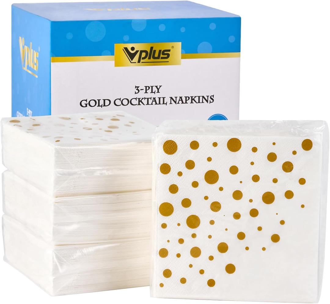 Vplus 200 Pack Cocktail Napkins Paper, 3-Ply Beverage Napkins, Disposable Gold Square Napkins, Perfect for Restaurant, Event, Bar, Wedding, Baby Shower and Birthday Party
