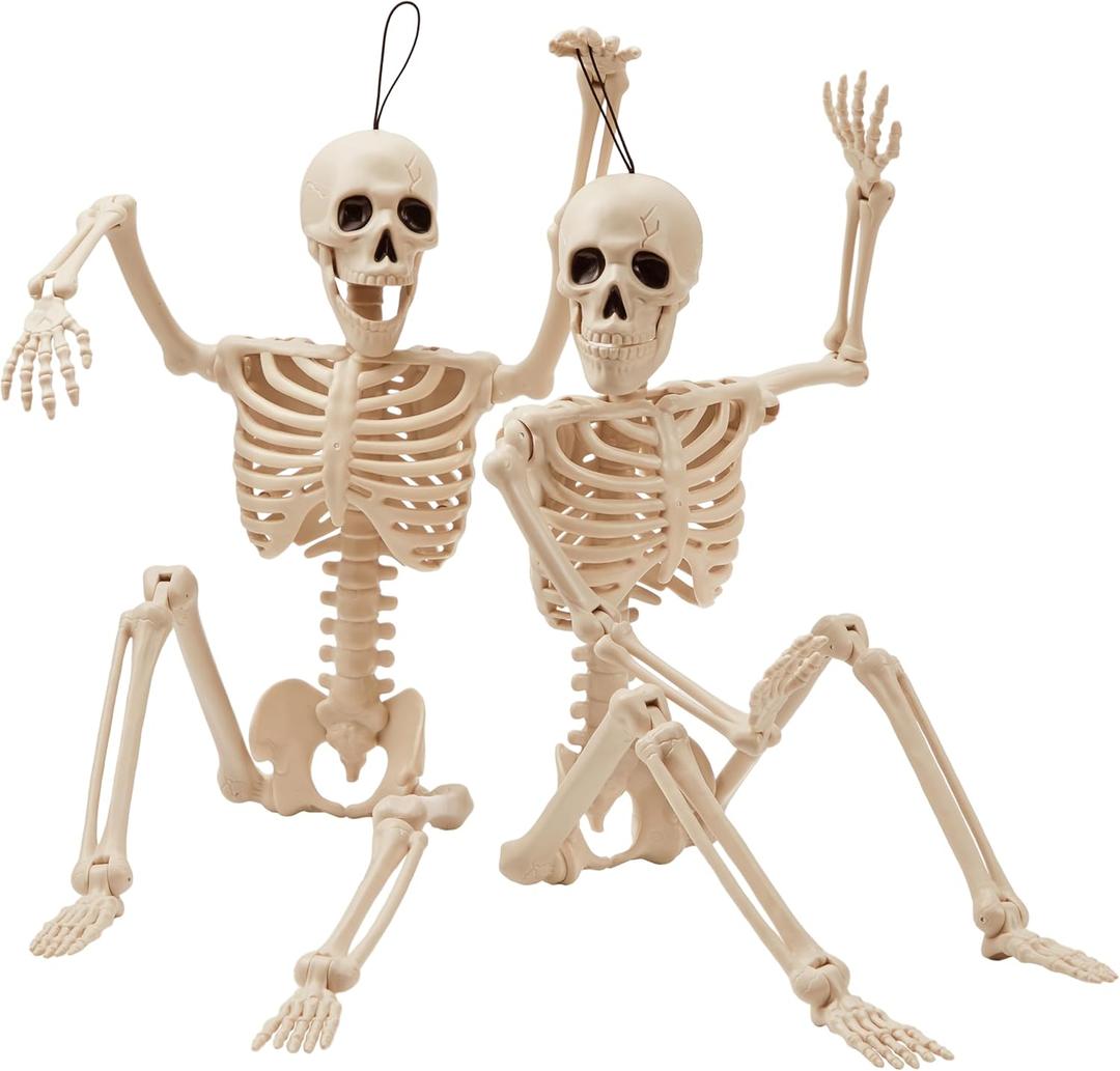 JOYIN 2 PCS 24 Halloween Skeleton Decor, 2 FT Full Body Stayable Posable Skeletons for Halloween, Yellow Human Plastic Bones with Movable Joints for Spooky Indoor Outdoor Decoration, Graveyard Prop