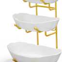 Fruit Bowl for Kitchen Counter, 3 Tier Ceramic Fruit Basket with Metal Stand, Tiered Fruits Stand for Countertop, Serving Bowls for Fruit Vegetable Snack Nuts (Gold, White)