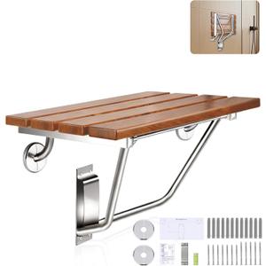 18 Inch Teak Folding Shower Seat Wall Mounted, 420 Lbs Capacity Sturdy Shower Bench with 316 Stainless Steel Frame & Finish Caps, Narrow Bathroom Space Saving Teak Wood Shower Chair