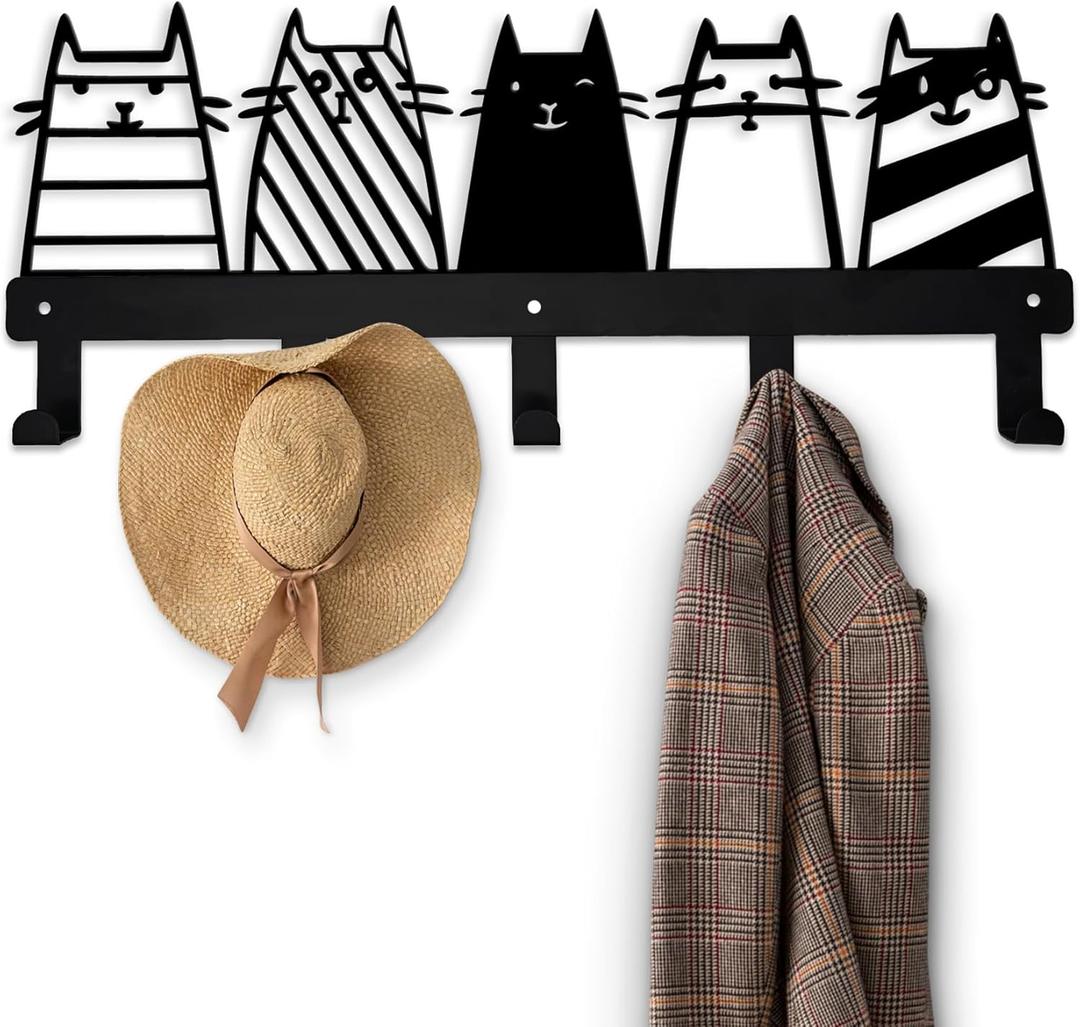 Aimery Metal Cat Coat Hooks Wall Art Decor  Chic Black Key Holder -Coat Hanger Wall Mount  Multipurpose Wall Hooks for Storage, Living Room, Hallway, Office (Black)