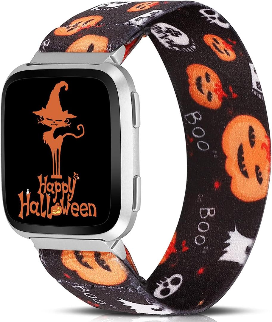 TOYOUTHS Elastic Halloween Band - Compatible with Fitbit Versa, Versa 2 & Lite - Stretchy Fabric Nylon Holiday Decoration Strap - Women's Small (Black Pumpkin)