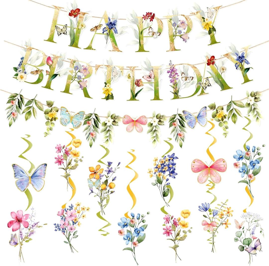 SUNBEAUTY Wildflowers Butterfly Birthday Decorations Garden Flower Happy Birthday Banner with Floral Hanging Swirls Wildflower Party Decorations for Women Girls Baby Shower Wedding Tea Party