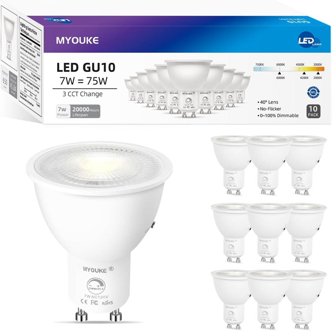 Dimmable GU10 LED Bulbs, 70W Halogen Bulb Equivalent, 3 Color Selectable 3000K 4200K 6000K, 7 Watt, 650 Lumens, 120V LED GU10 Spotlight, 40 Spot Light for Recessed Track Light (10)