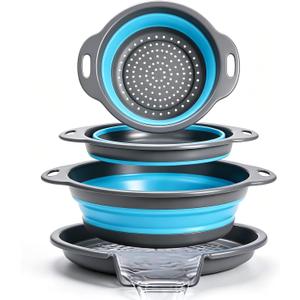 Collapsible Colander Set with Oversized Draining Tray | 3-Pack Foldable Kitchen Strainers + Base | Space Saving for Pasta, Veggies, Fruit & Rice | 5 Colors (Gray-Blue)