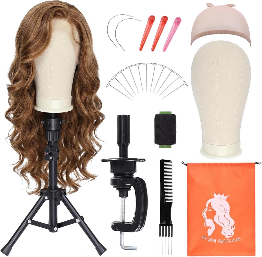 22 Inch Canvas Wig Head with Stand for Wigs ,14-22 Inch Height Adjustable Wig Stand Tripod with Canvas Block Wig Head,Manikin Head Block Set for Cosmetology with Wig Stand and Storage Bag (White)