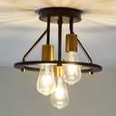 Industrial Semi Flush Mount Ceiling Light Fixture 3-Light Matte Black and Gold Chandelier E26 Farmhouse Ceiling Lamp for Entryway Hallway Bedroom Passway Balcony