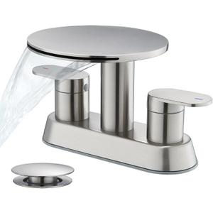 Waterfall Bathroom Sink Faucet 3 Hole Brushed Nickel Modern 2 Handle Vanity Faucet for Bathroom Sink 4 inch Center Set with Round Shelf & Metal Pop-Up Drain