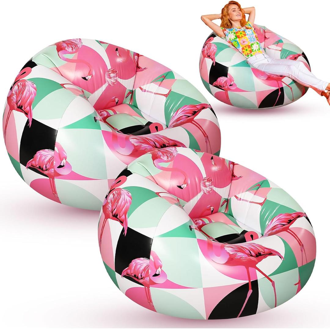Lunmon 2 Pack Summer Inflatable Bean Bag Chairs Hawaiian Flamingo Blow up Chairs for Pool Party, Portable Inflatable Beach Lounge Chair for Movie Patio Night, Luau, Camping, Bedroom Reading, 21.65 x 37.4 x 15.75 inches