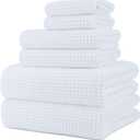 POLYTE 430 GSM Microfiber Quick Dry Lint Free Oversize Bath Towel Set, 6 Piece (Waffle Weave) (White)