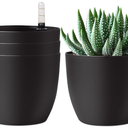 T4U 6 Inch Plastic Self Watering Planter with Water Level Indicator Black Set of 4, Modern Decorative Planter Pot for All House Plants, Flowers, Herbs, African Violets, Succulents