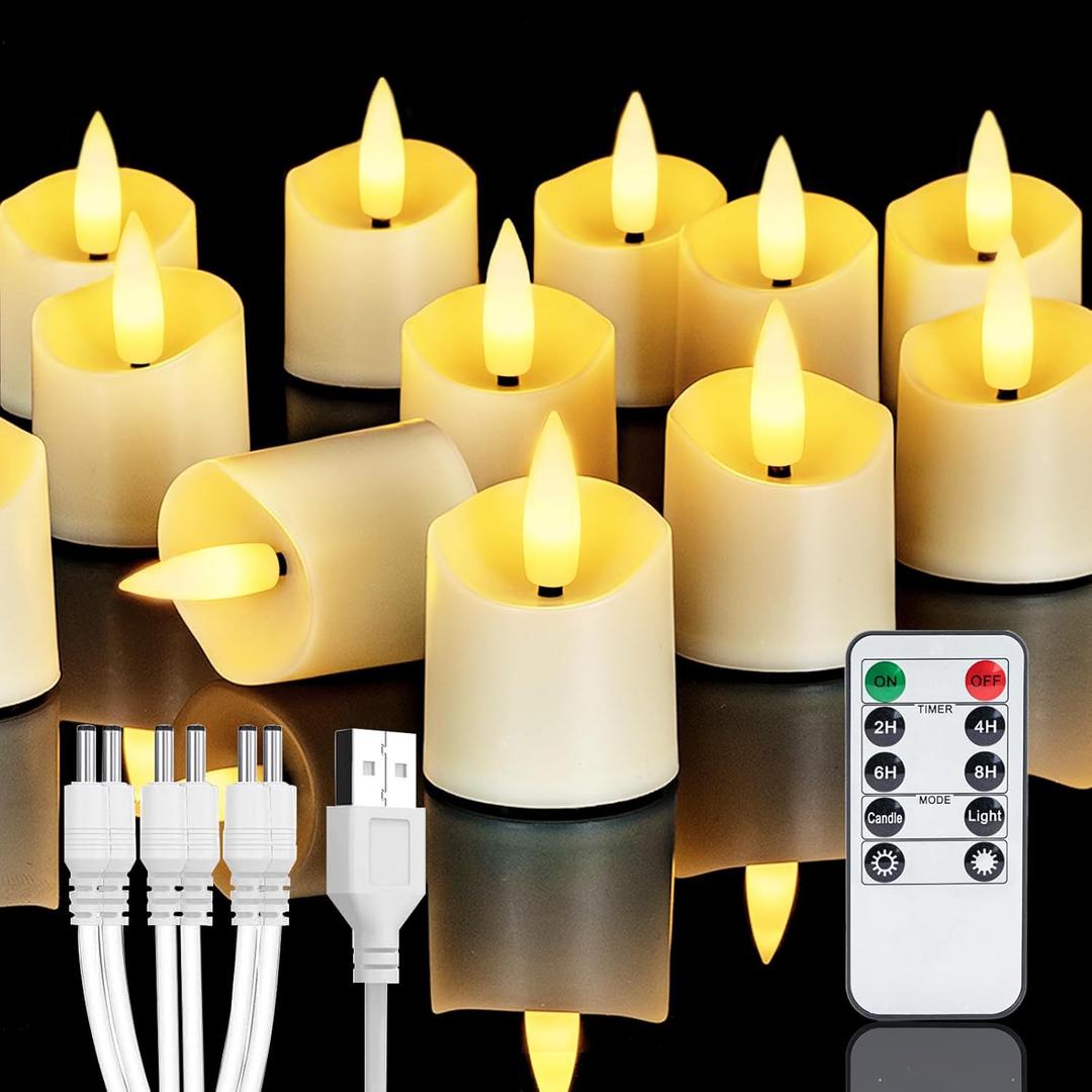Homemory Rechargeable Flameless Candles, 2/4/6/8H Timer LED Votive Candles, 12 PCS Battery Operated Tea Lights with Timer for Table, Wedding, Christmas (USB Charging Cable Included) (Ivory Base (12 Pack,Rechargeable))