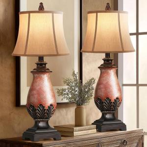 Hamucd 27" Set of 2 Tall Farmhouse Rustic Table Lamps for Living Room,3-Color Temperature Dimmable Western Bedroom Lamps for Night Stands Traditional Antique Decor (Amber) (Retro, 2)